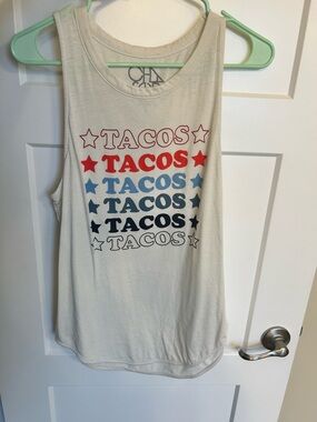 Chaser Graphic 'Tacos' Tank Top - Ivory with Red & Blue Print
